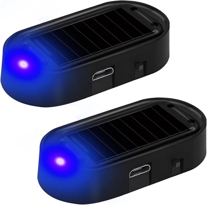 NYTKL 2PCS Car Solar Power Simulated Dummy Alarm, Anti-Theft Car Warning Light Fake Lamp with Light Sensor, Automotive Interior LED Flashing Security Lights with USB Charger Port (Blue) - Image 1